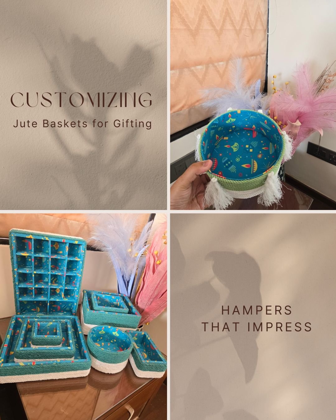 Elegant gifting hamper jute basket with festive treats and decorations.