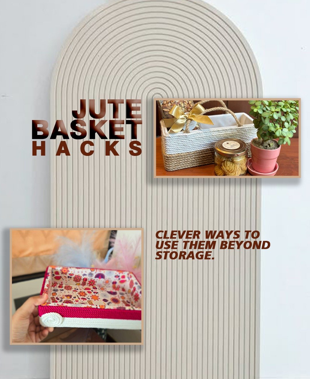 Handwoven jute basket used as a planter for indoor green plants.
