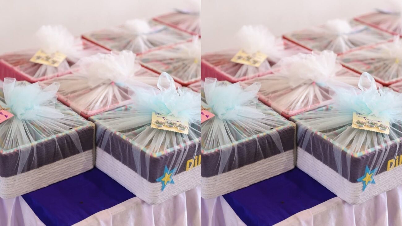Jute basket gifting hamper filled with assorted goodies.