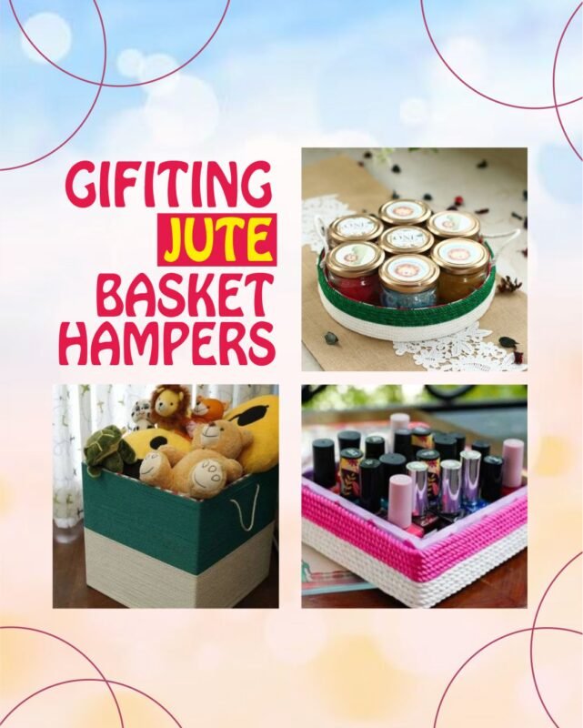 Beautifully crafted jute basket gift hamper filled with gourmet treats and decorative items.
