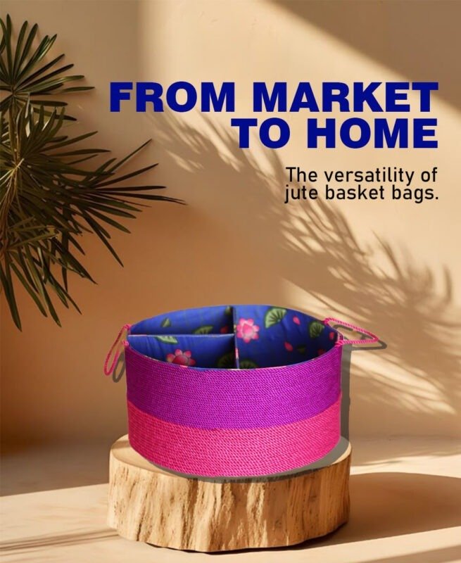 Eco-friendly jute basket bag used for carrying groceries.